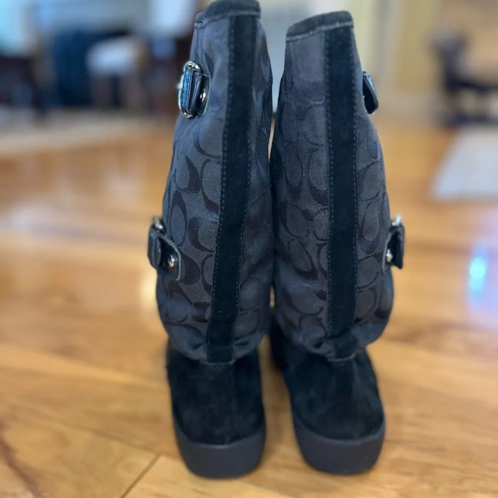 Coach Black Signature Patterned Suede Winter Lined Boots